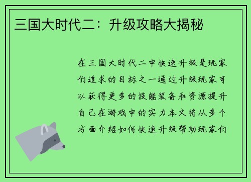 三国大时代二：升级攻略大揭秘