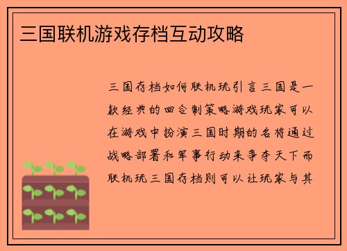 三国联机游戏存档互动攻略