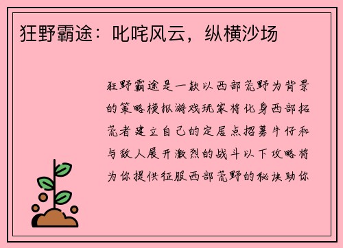 狂野霸途：叱咤风云，纵横沙场
